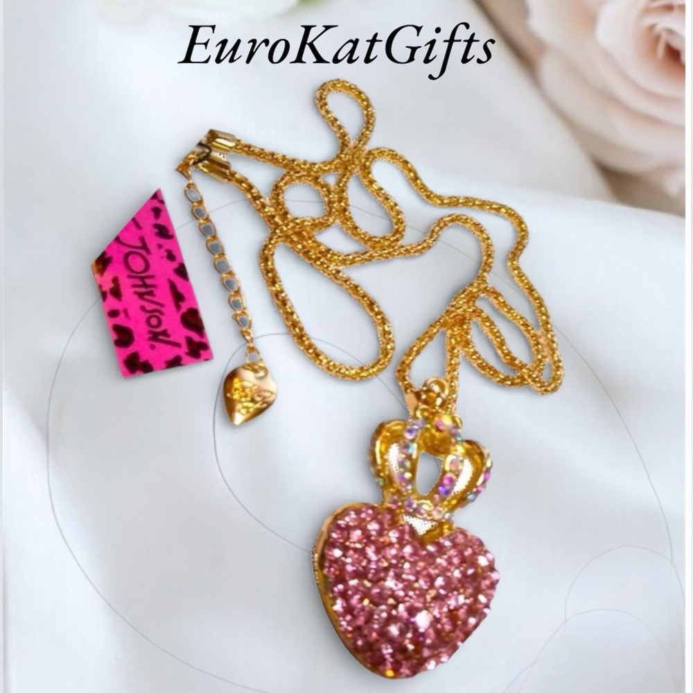 Betsey Johnson Gold Crystal Crown Pink CZ Heart Necklace 18”-22”chain NEW